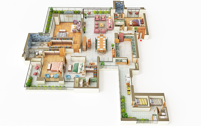 4 BHK + Servant Room Floor Plan