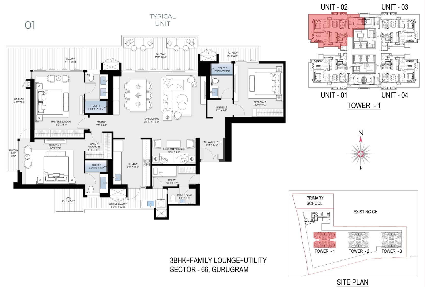 3 BHK + Family Lounge + Utility Floor Plan