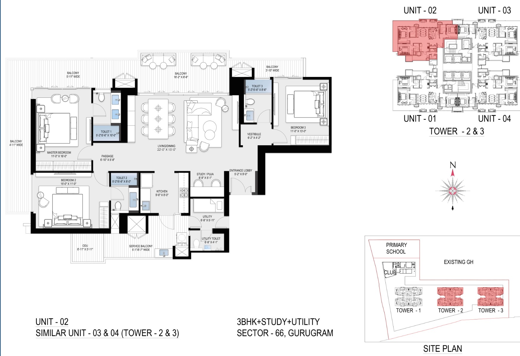 3 BHK + Study + Utility Floor Plan
