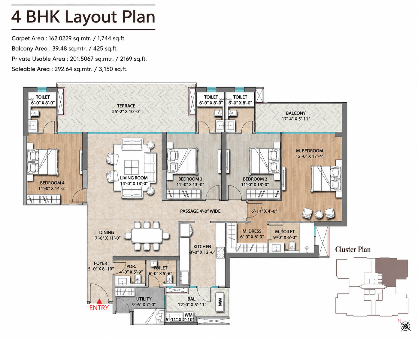 4 BHK + Utility Floor Plan