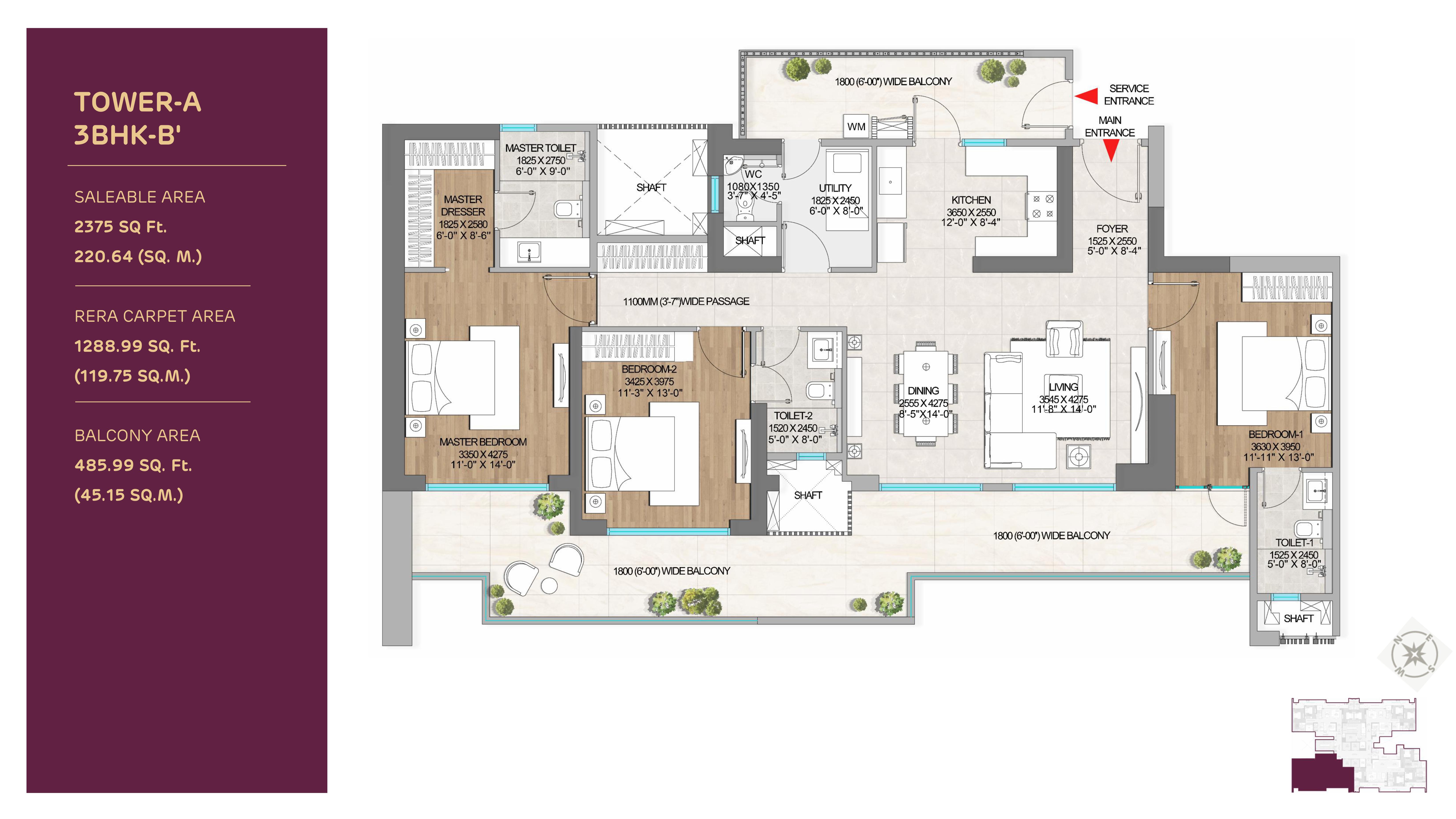 3 BHK + Study Floor Plan