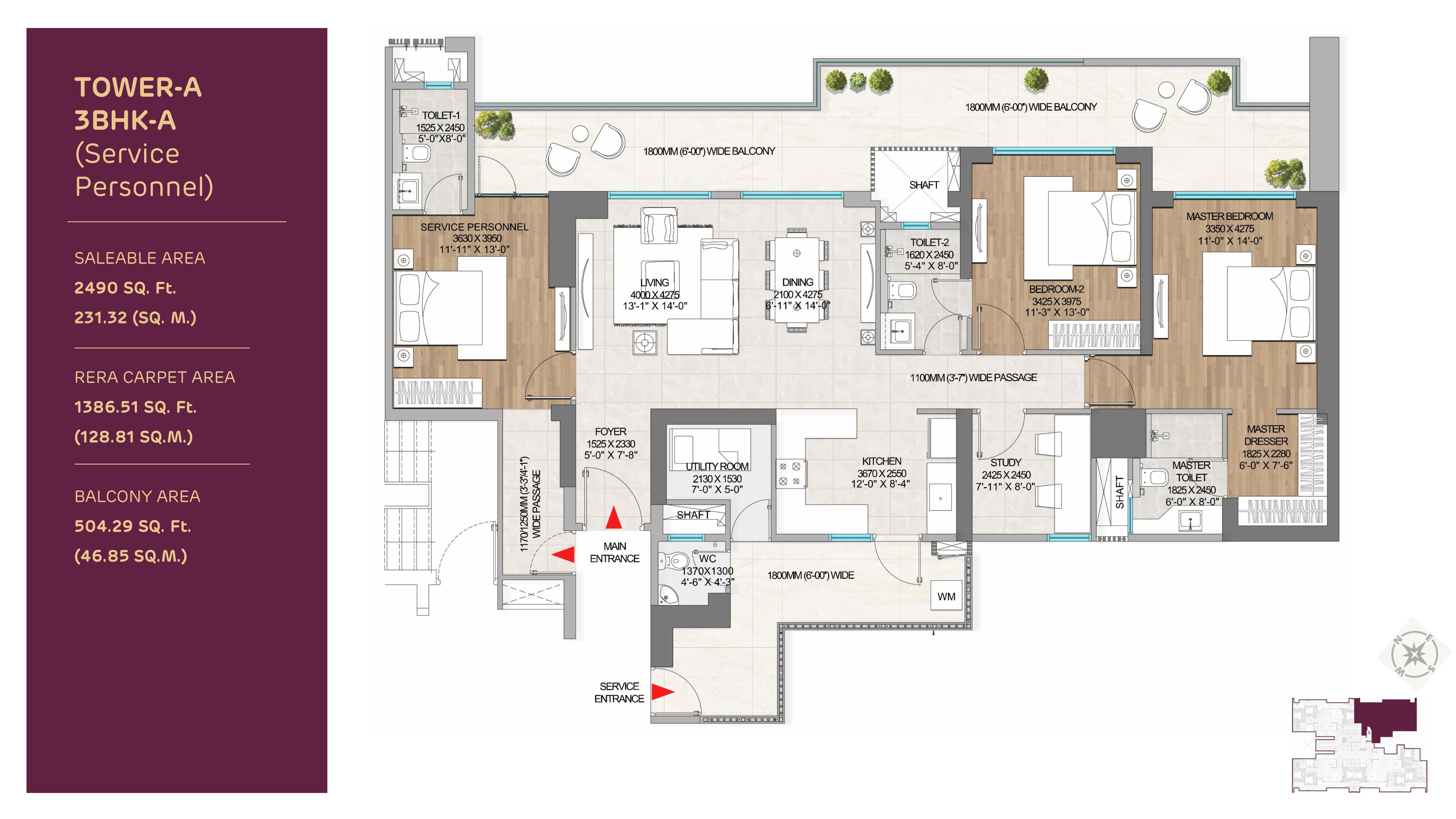 3 BHK + Study + SP Floor Plan