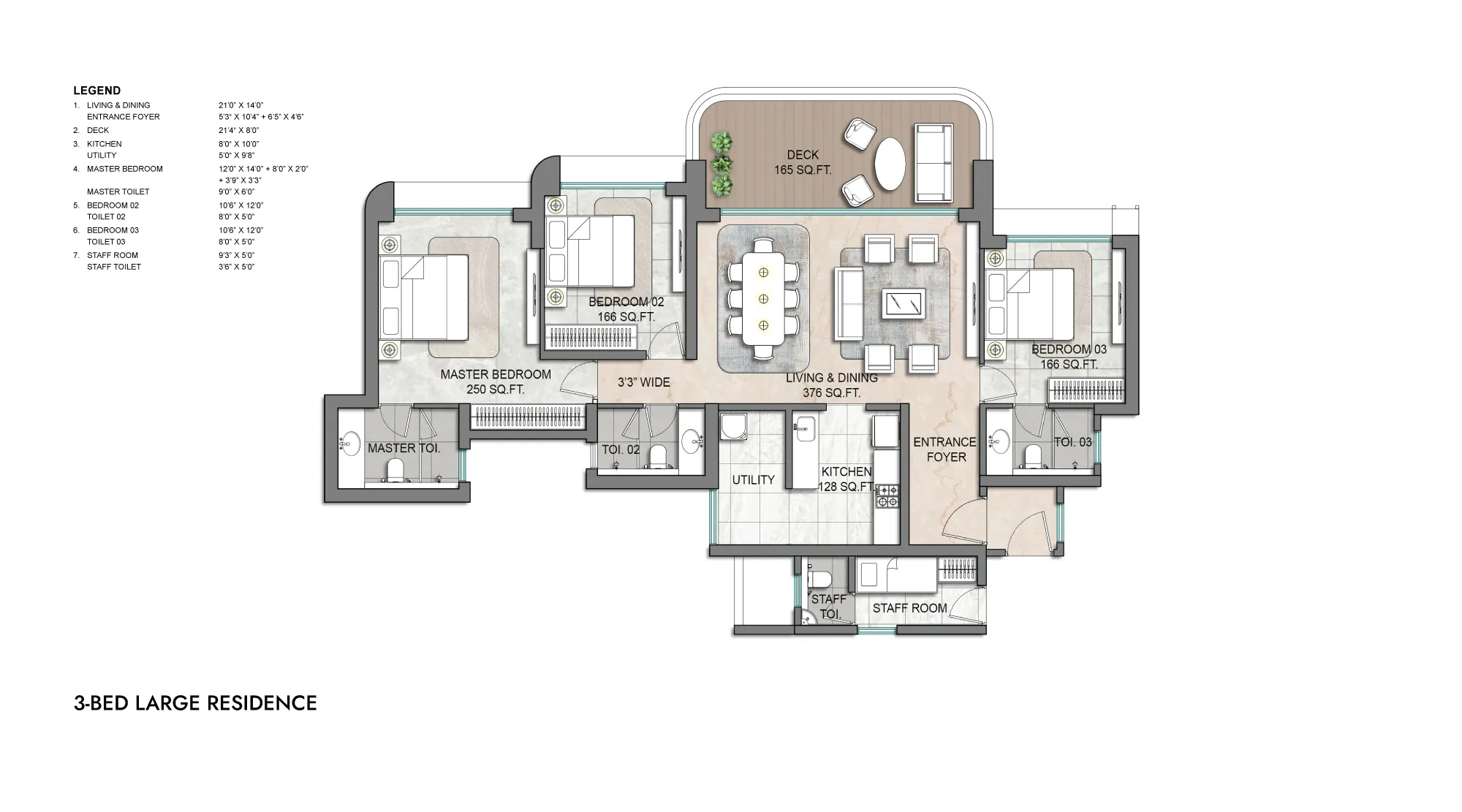 3 BHK Large West Floor Plan