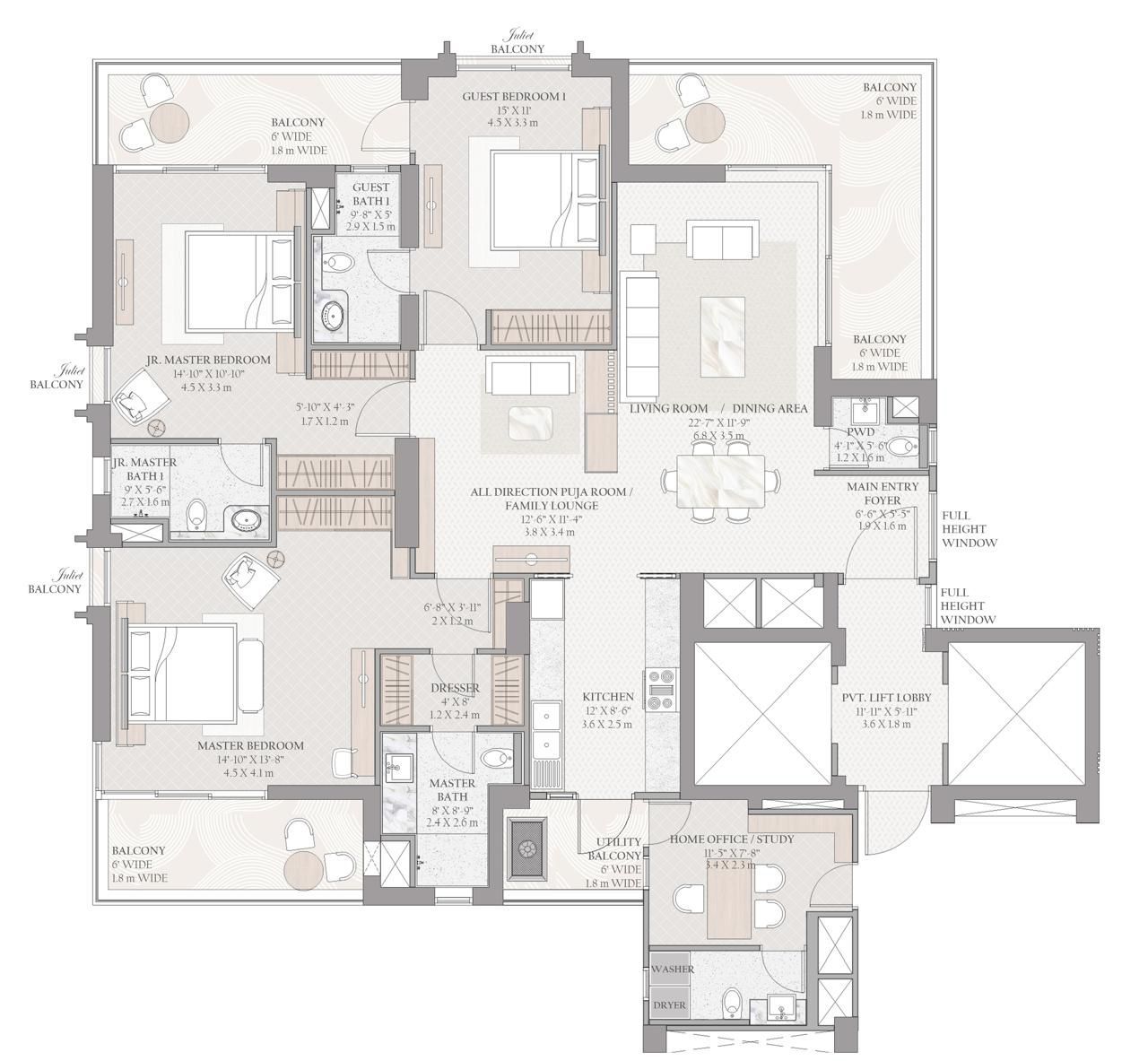 3 BHK + Servant/Study Floor Plan